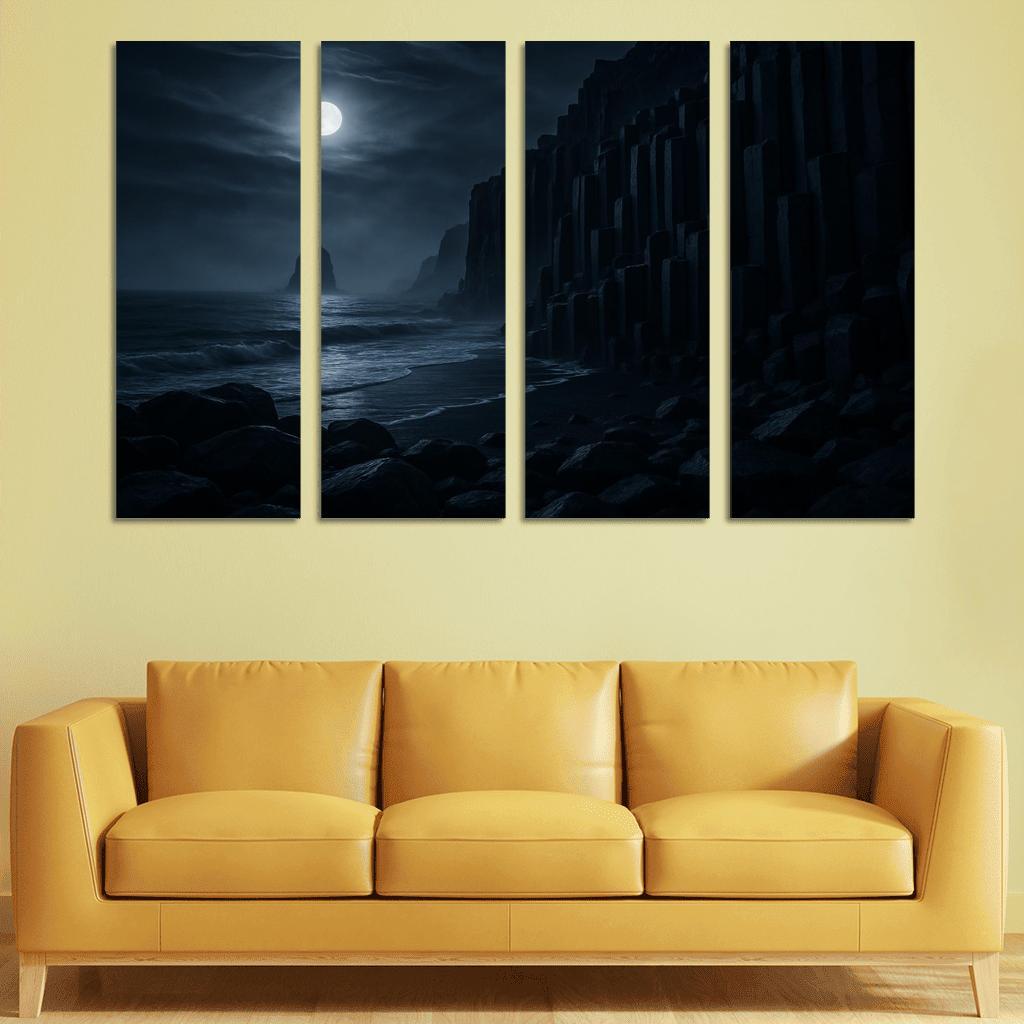 Moonlit Basalt Coast Under Silver Fog multi-panel paintings