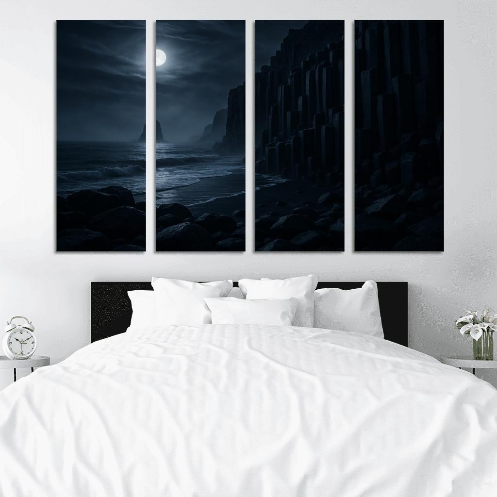 Moonlit Basalt Coast Under Silver Fog multi-panel paintings