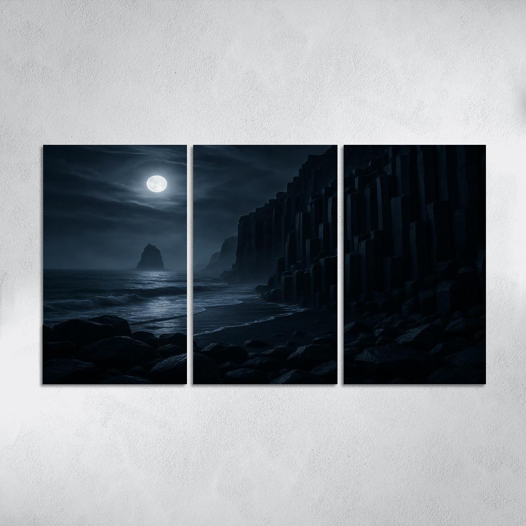 Moonlit Basalt Coast Under Silver Fog multi-panel paintings