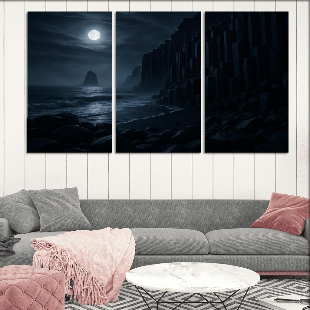 Moonlit Basalt Coast Under Silver Fog multi-panel paintings