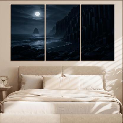Moonlit Basalt Coast Under Silver Fog multi-panel paintings
