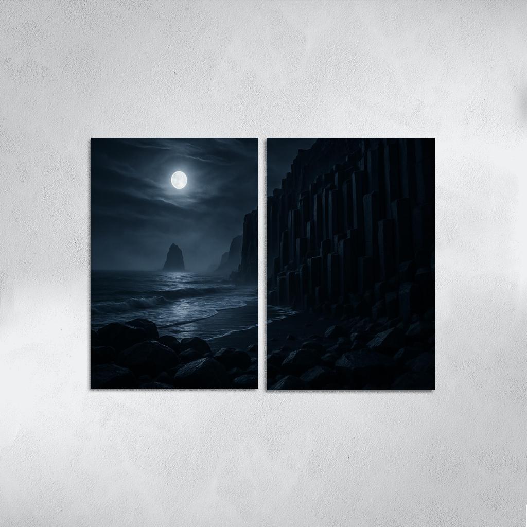 Moonlit Basalt Coast Under Silver Fog multi-panel paintings