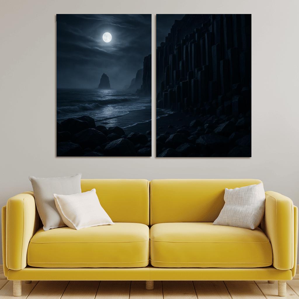 Moonlit Basalt Coast Under Silver Fog multi-panel paintings