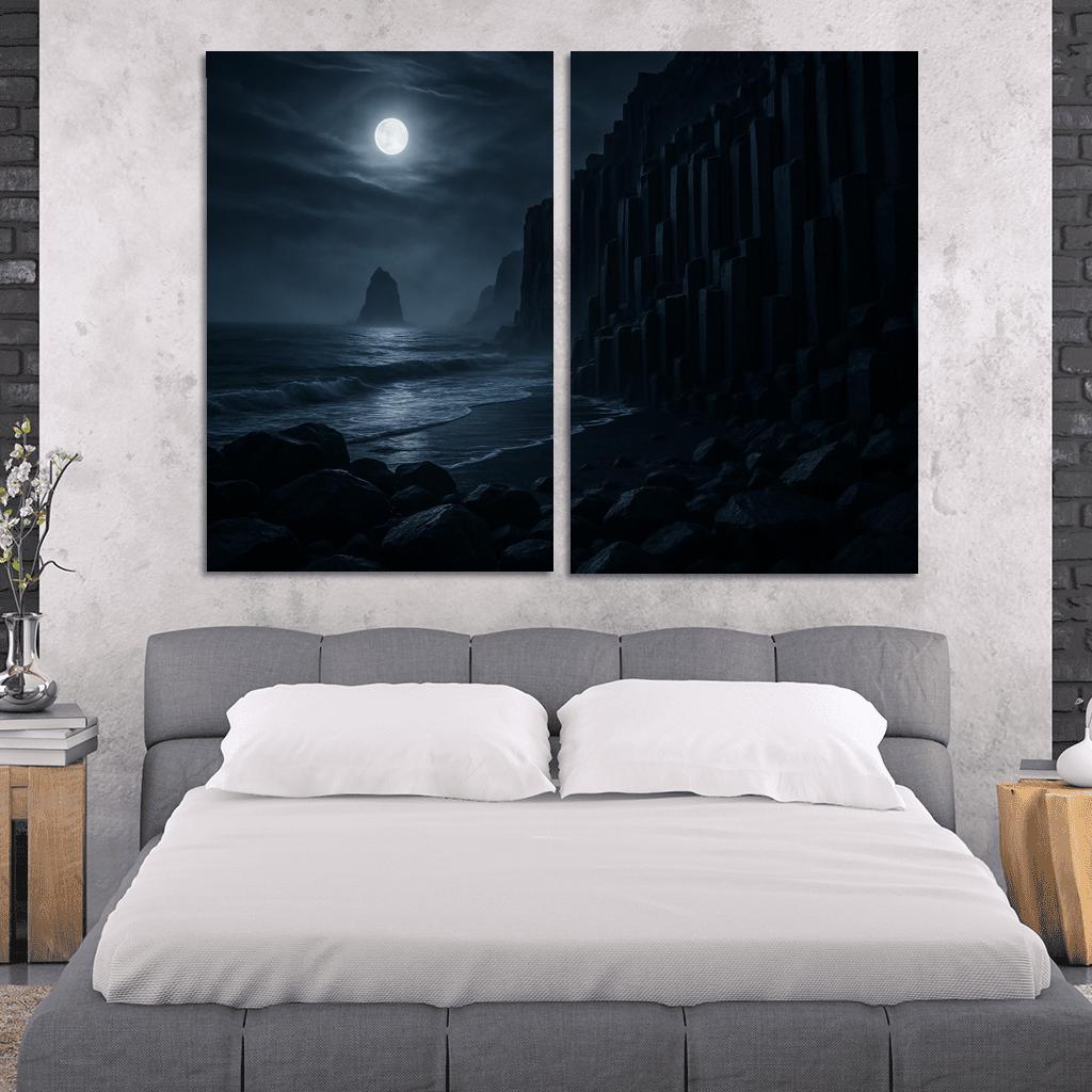 Moonlit Basalt Coast Under Silver Fog multi-panel paintings