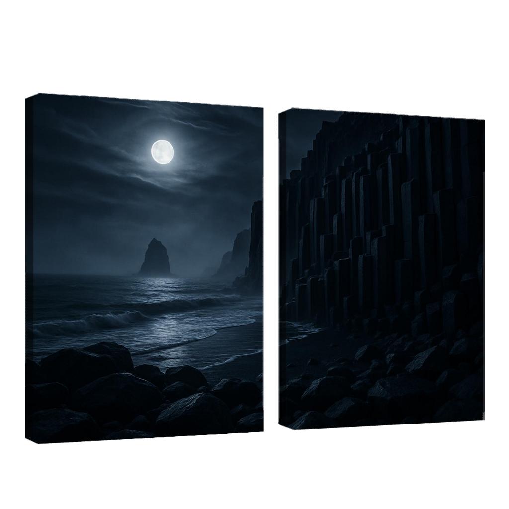 Moonlit Basalt Coast Under Silver Fog multi-panel paintings