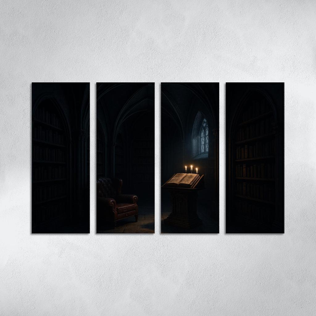 Midnight Reliquary Library With Ribbed Vault Shadows framed paintings