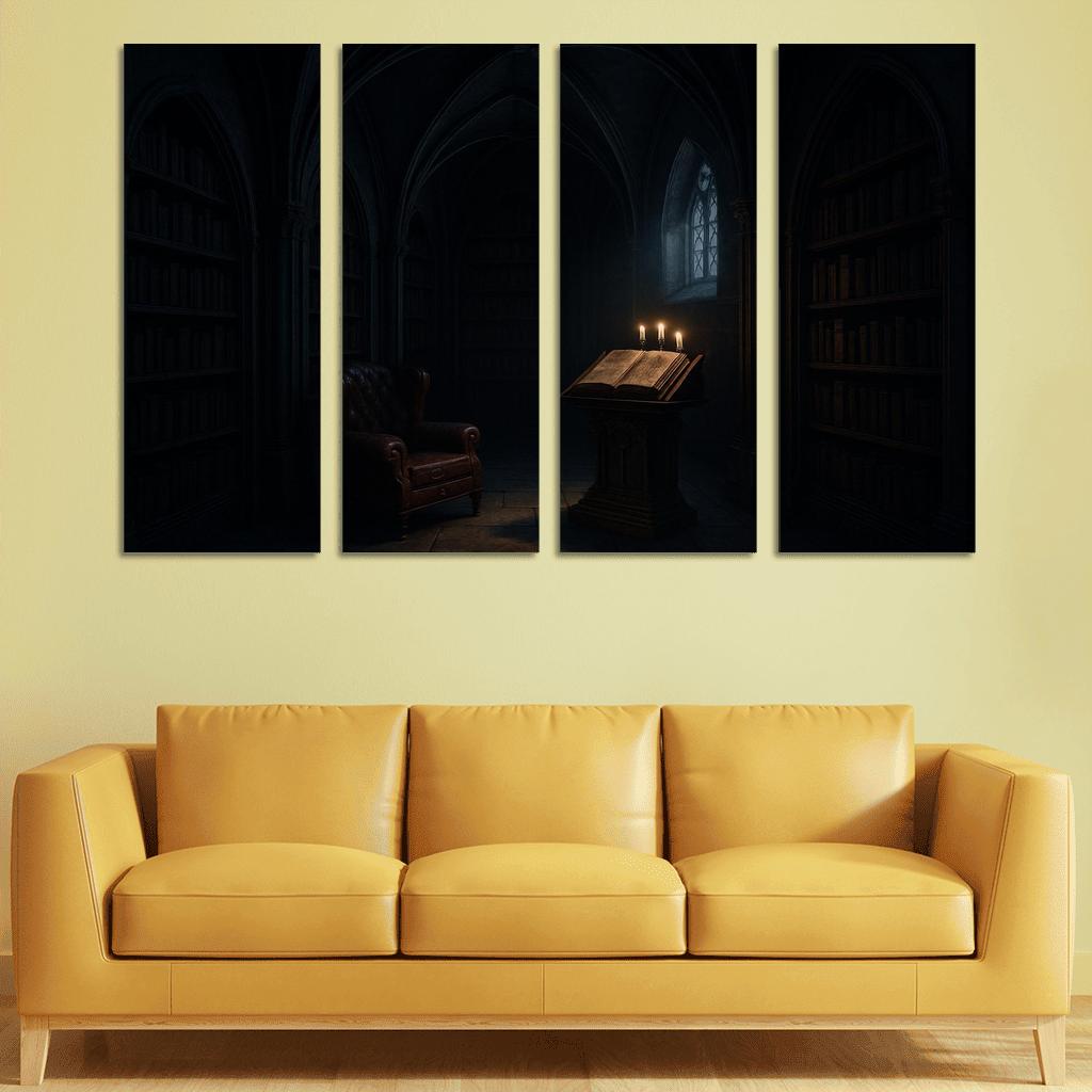Midnight Reliquary Library With Ribbed Vault Shadows framed paintings