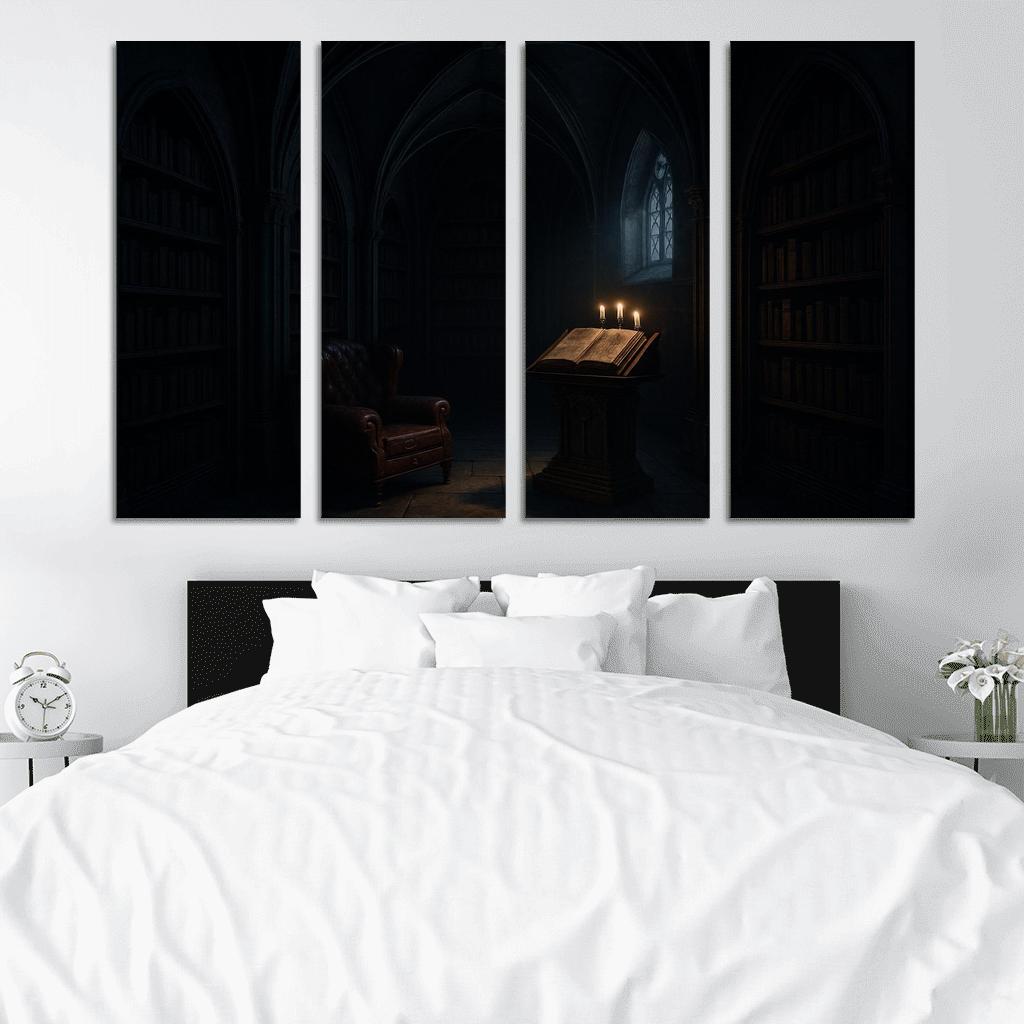 Midnight Reliquary Library With Ribbed Vault Shadows framed paintings