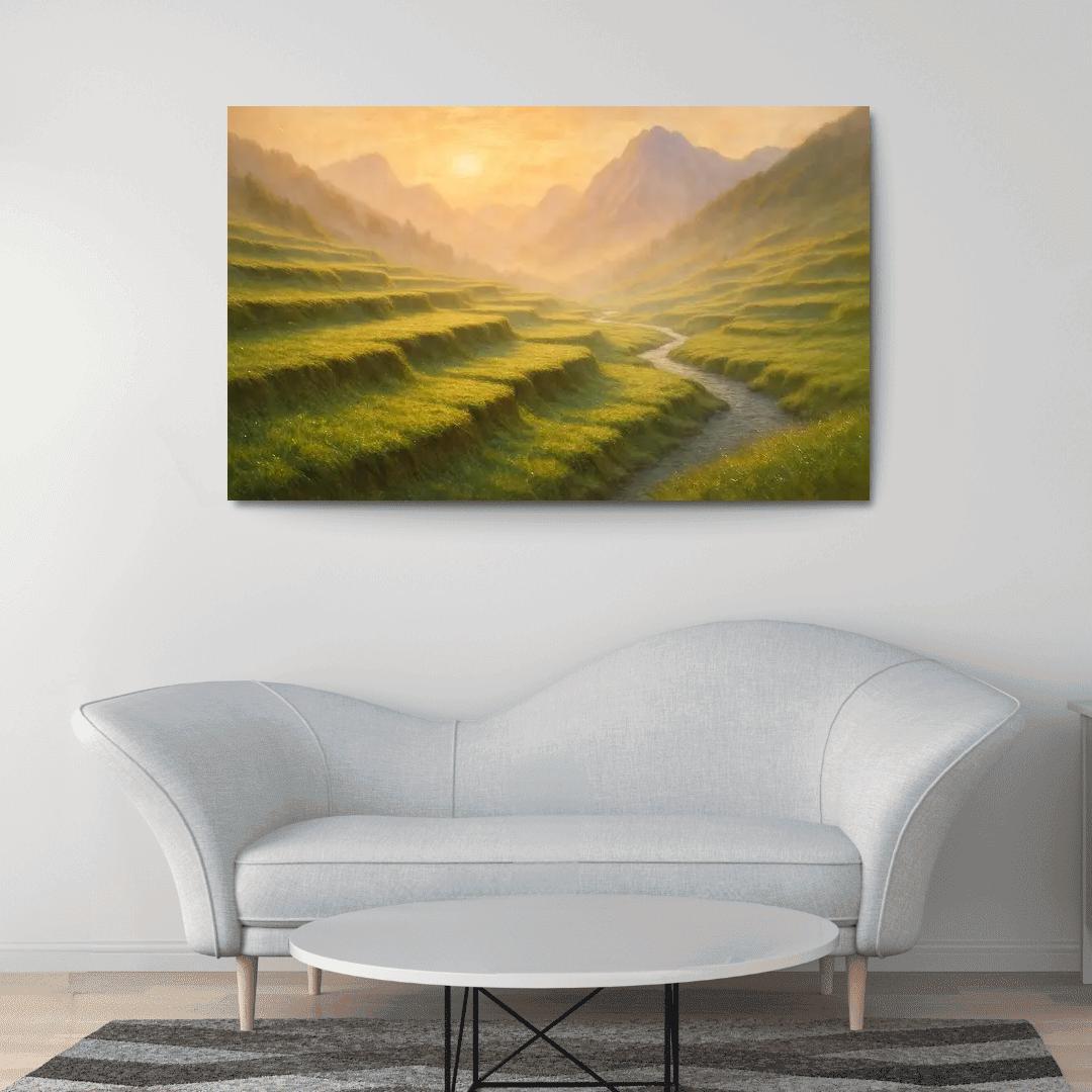 Golden Mist Rising Through Terraced Alpine Meadows multi-panel paintings