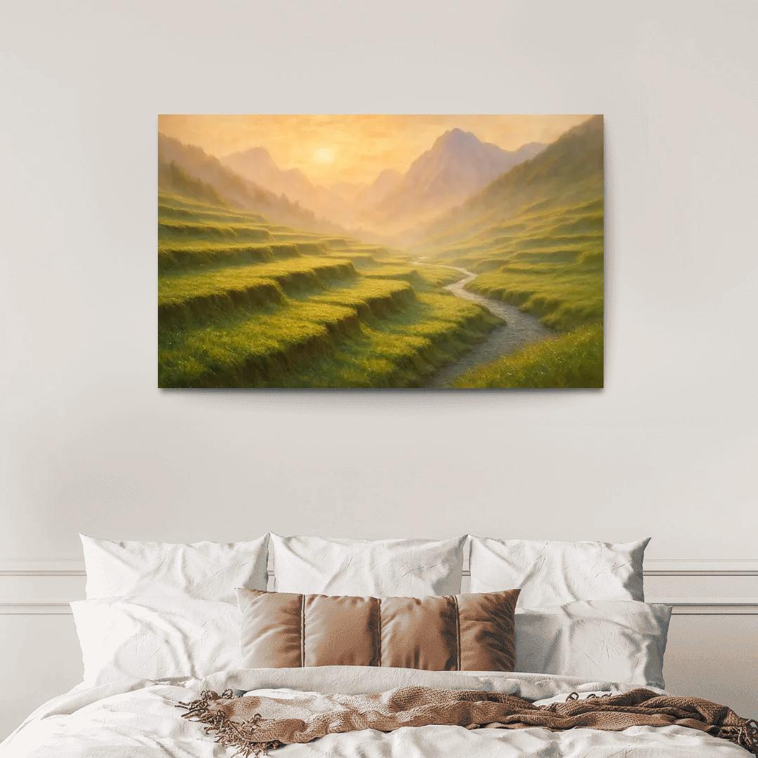 Golden Mist Rising Through Terraced Alpine Meadows multi-panel paintings