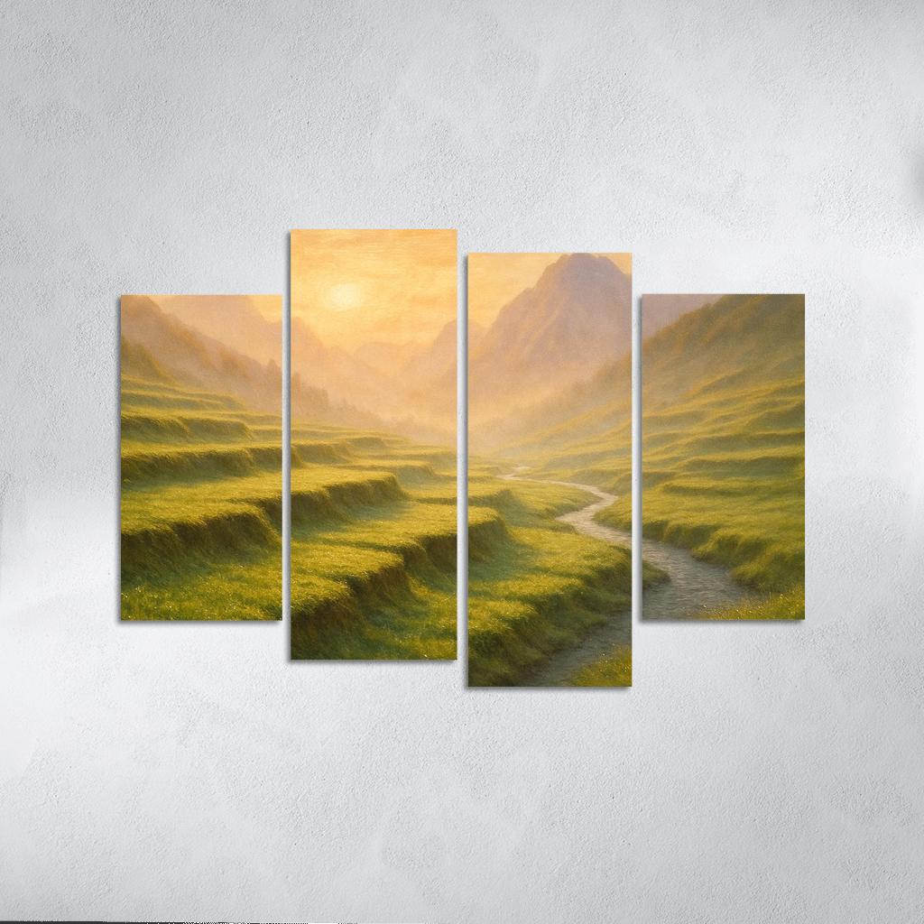 Golden Mist Rising Through Terraced Alpine Meadows multi-panel paintings