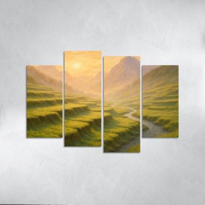 Golden Mist Rising Through Terraced Alpine Meadows multi-panel paintings