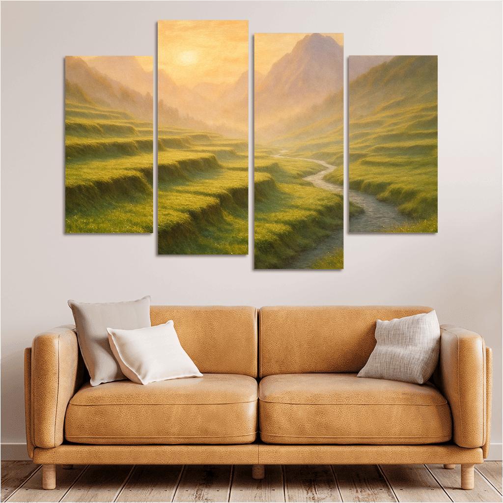 Golden Mist Rising Through Terraced Alpine Meadows multi-panel paintings