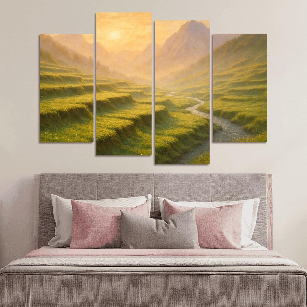 Golden Mist Rising Through Terraced Alpine Meadows multi-panel paintings