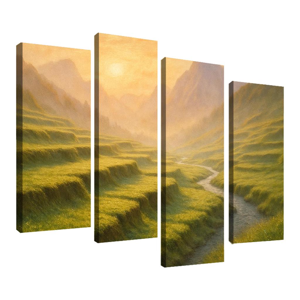 Golden Mist Rising Through Terraced Alpine Meadows multi-panel paintings