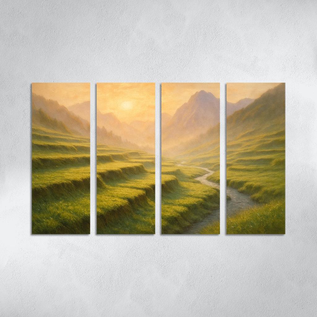 Golden Mist Rising Through Terraced Alpine Meadows multi-panel paintings