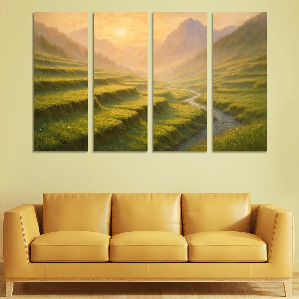 Golden Mist Rising Through Terraced Alpine Meadows multi-panel paintings