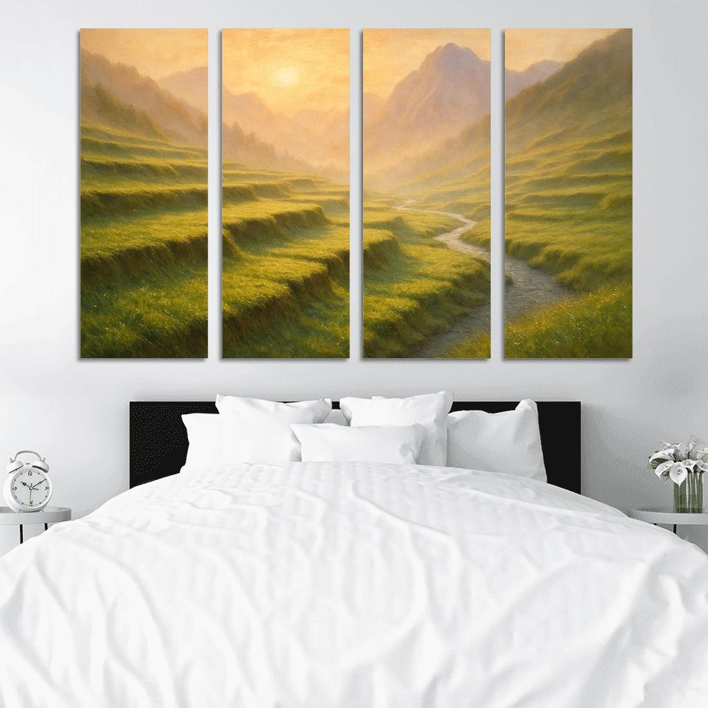 Golden Mist Rising Through Terraced Alpine Meadows multi-panel paintings
