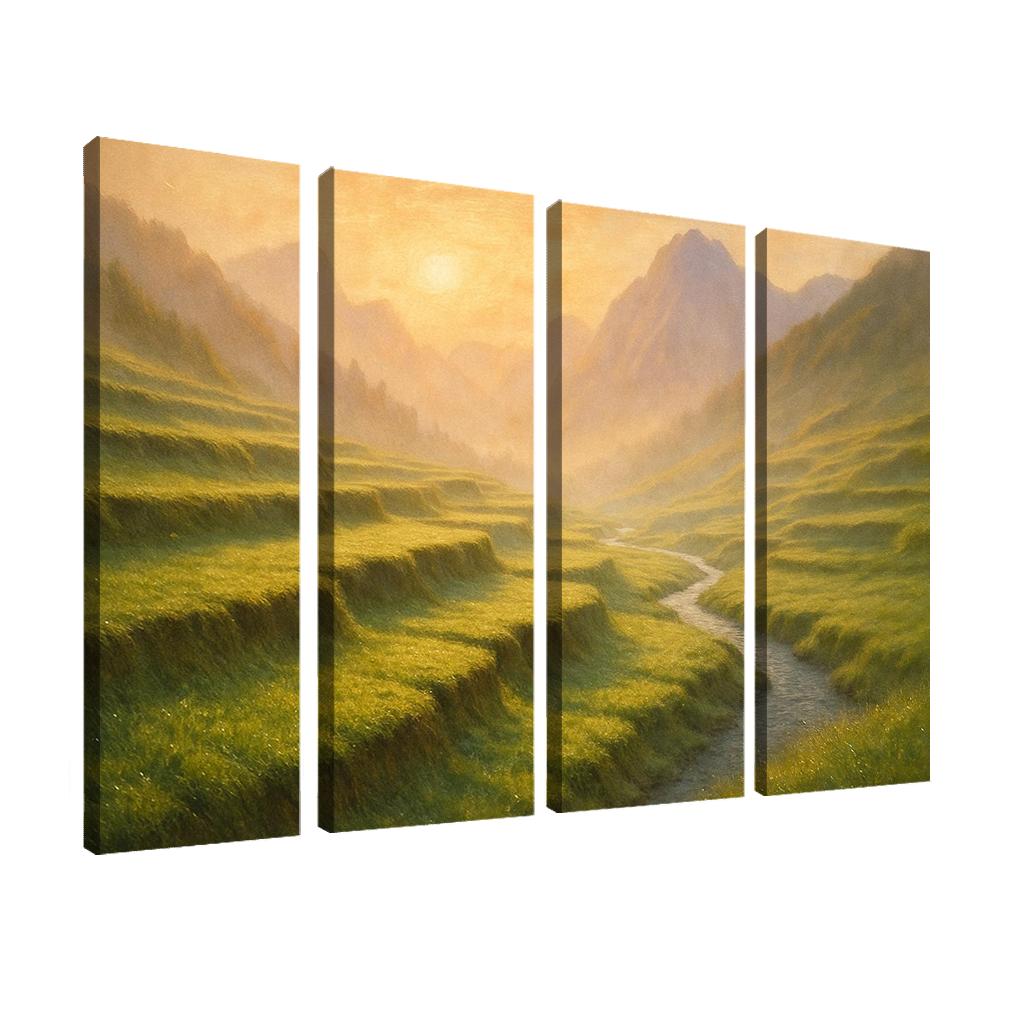 Golden Mist Rising Through Terraced Alpine Meadows multi-panel paintings