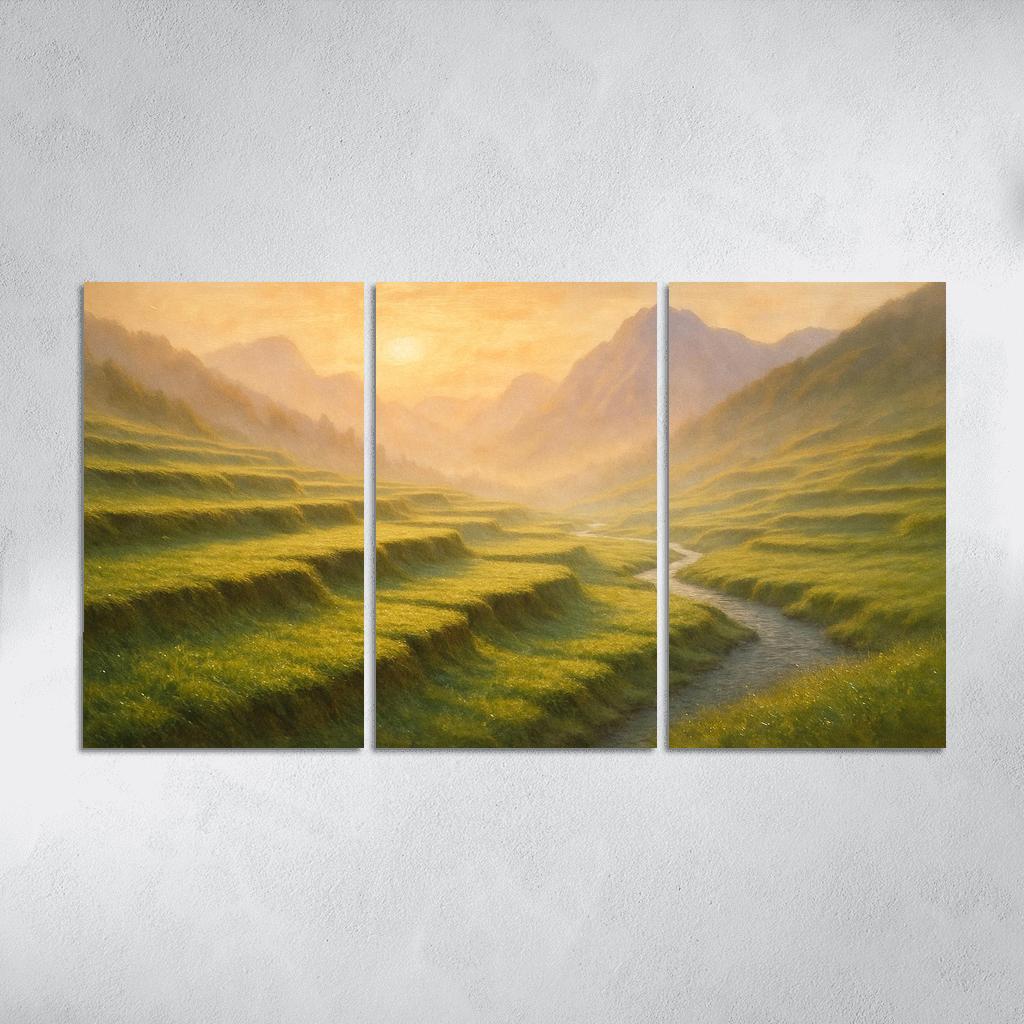 Golden Mist Rising Through Terraced Alpine Meadows multi-panel paintings