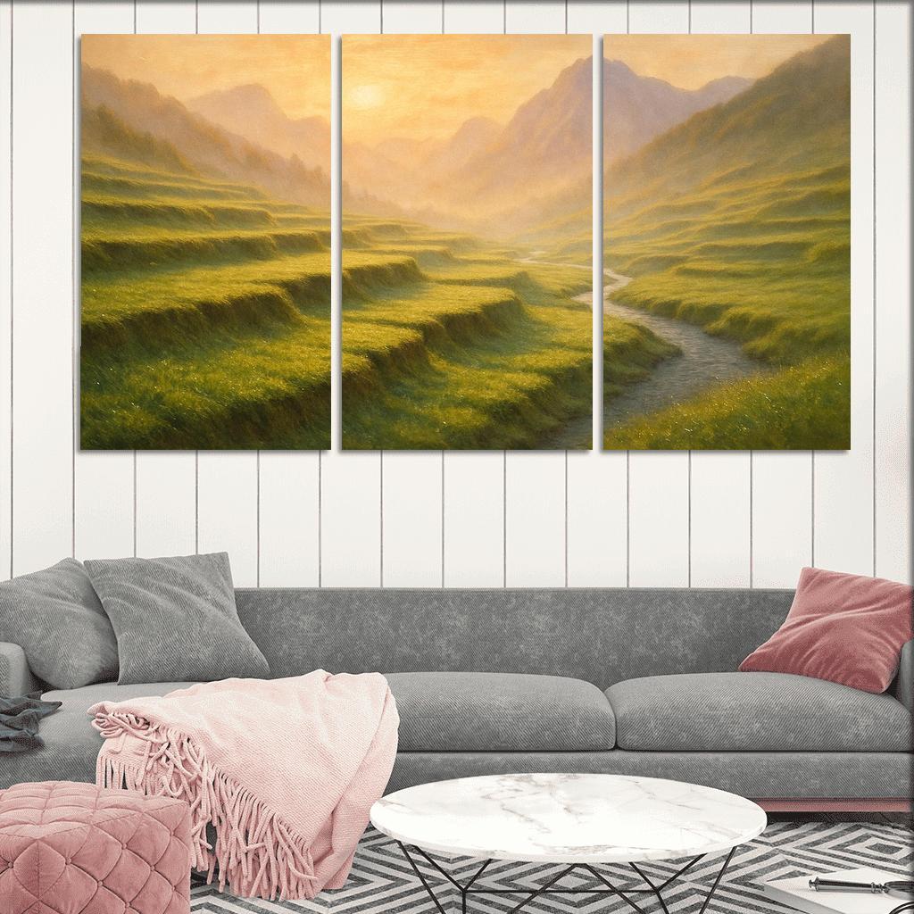 Golden Mist Rising Through Terraced Alpine Meadows multi-panel paintings