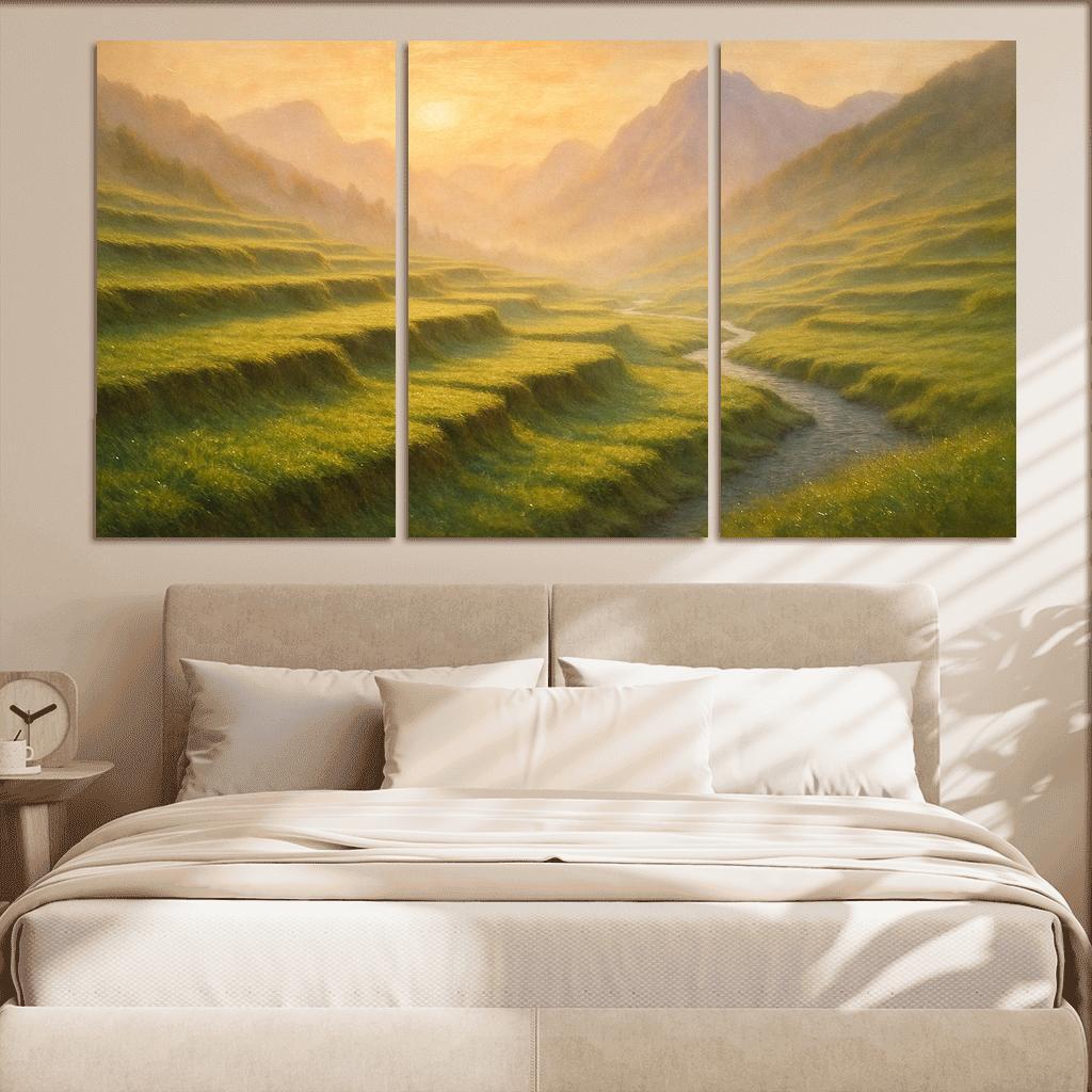 Golden Mist Rising Through Terraced Alpine Meadows multi-panel paintings