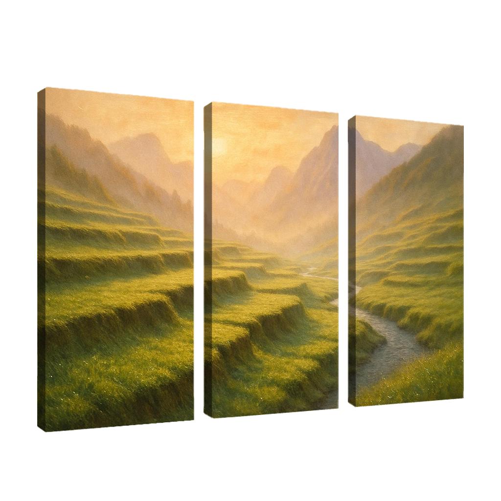 Golden Mist Rising Through Terraced Alpine Meadows multi-panel paintings
