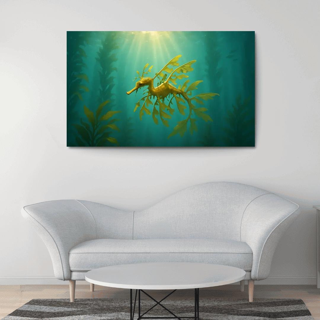 Leafy Seadragon Drifting Through Kelp Forest Sunbeams canvas paintings frame