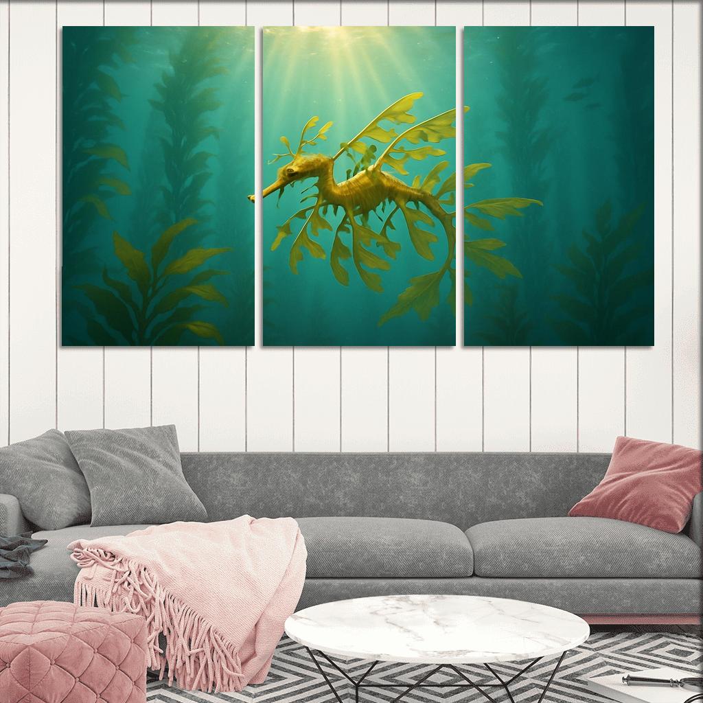 Leafy Seadragon Drifting Through Kelp Forest Sunbeams canvas paintings frame