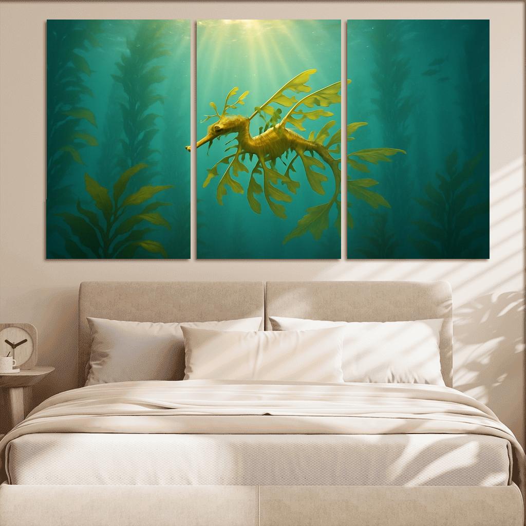 Leafy Seadragon Drifting Through Kelp Forest Sunbeams canvas paintings frame