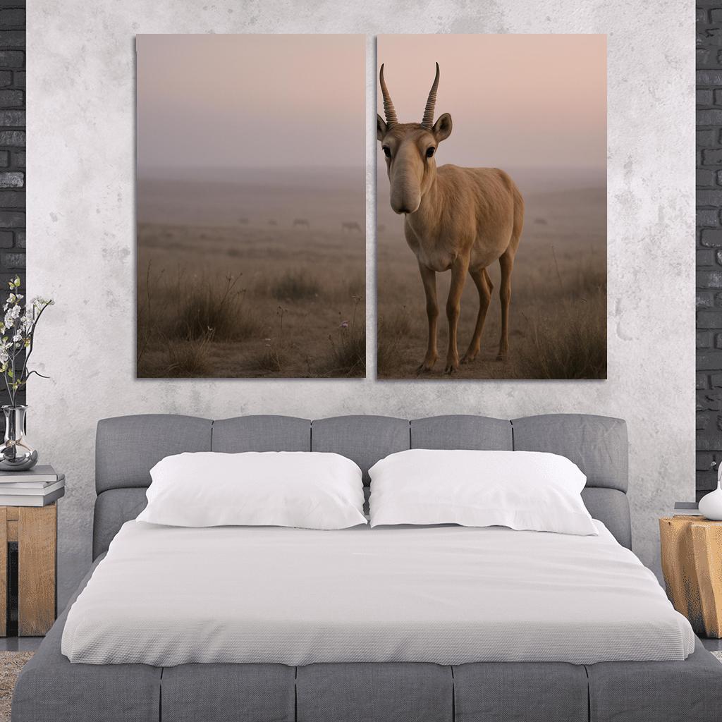 Saiga Antelope Crossing The Misty Steppe At Dawn wall decor
