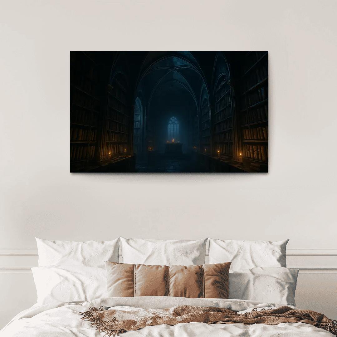 Obsidian Reliquary Library With Ribbed Vaults multi-panel paintings
