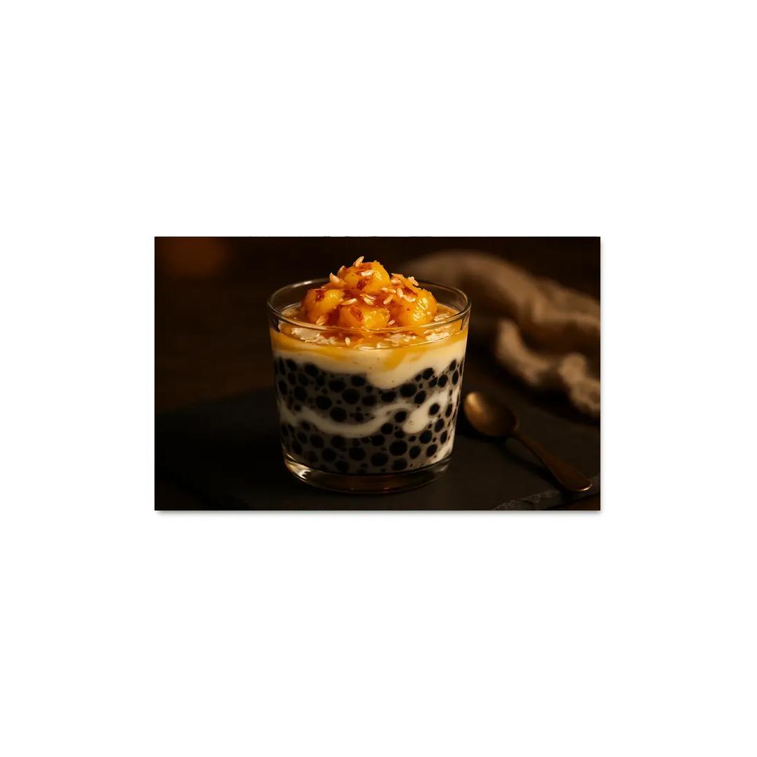 Black Sesame And Coconut Tapioca Pudding With Roasted Pineapple decor