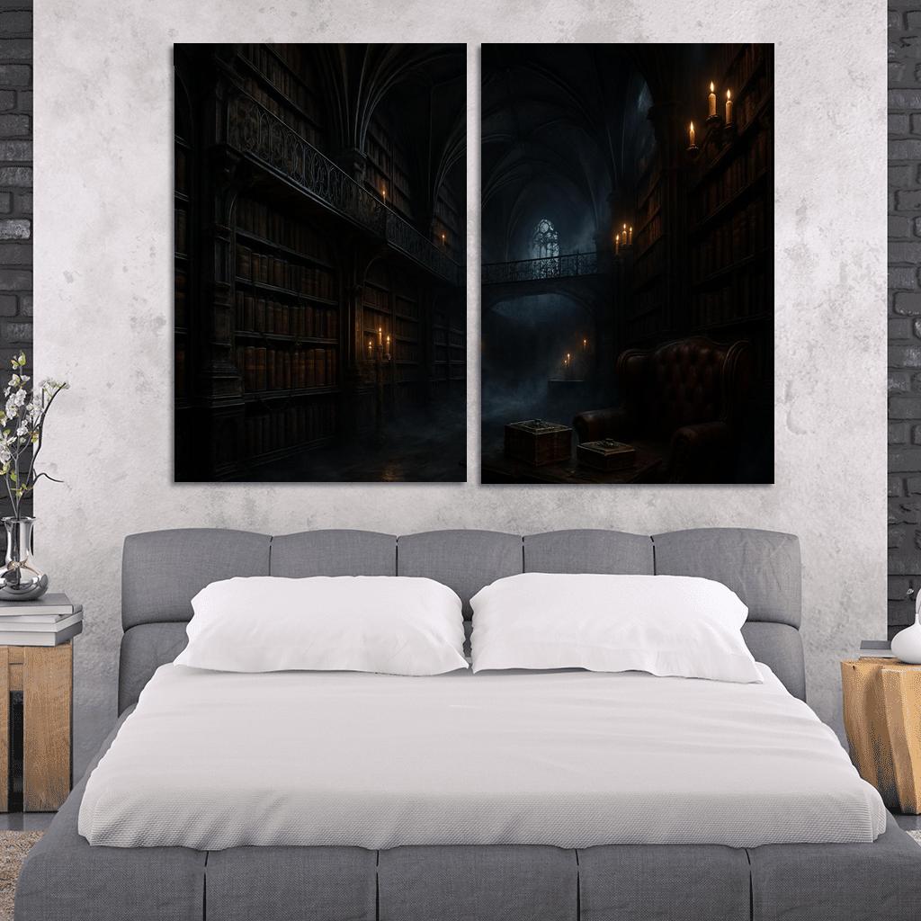 Obsidian Reliquary Library With Floating Iron Walkways art trends