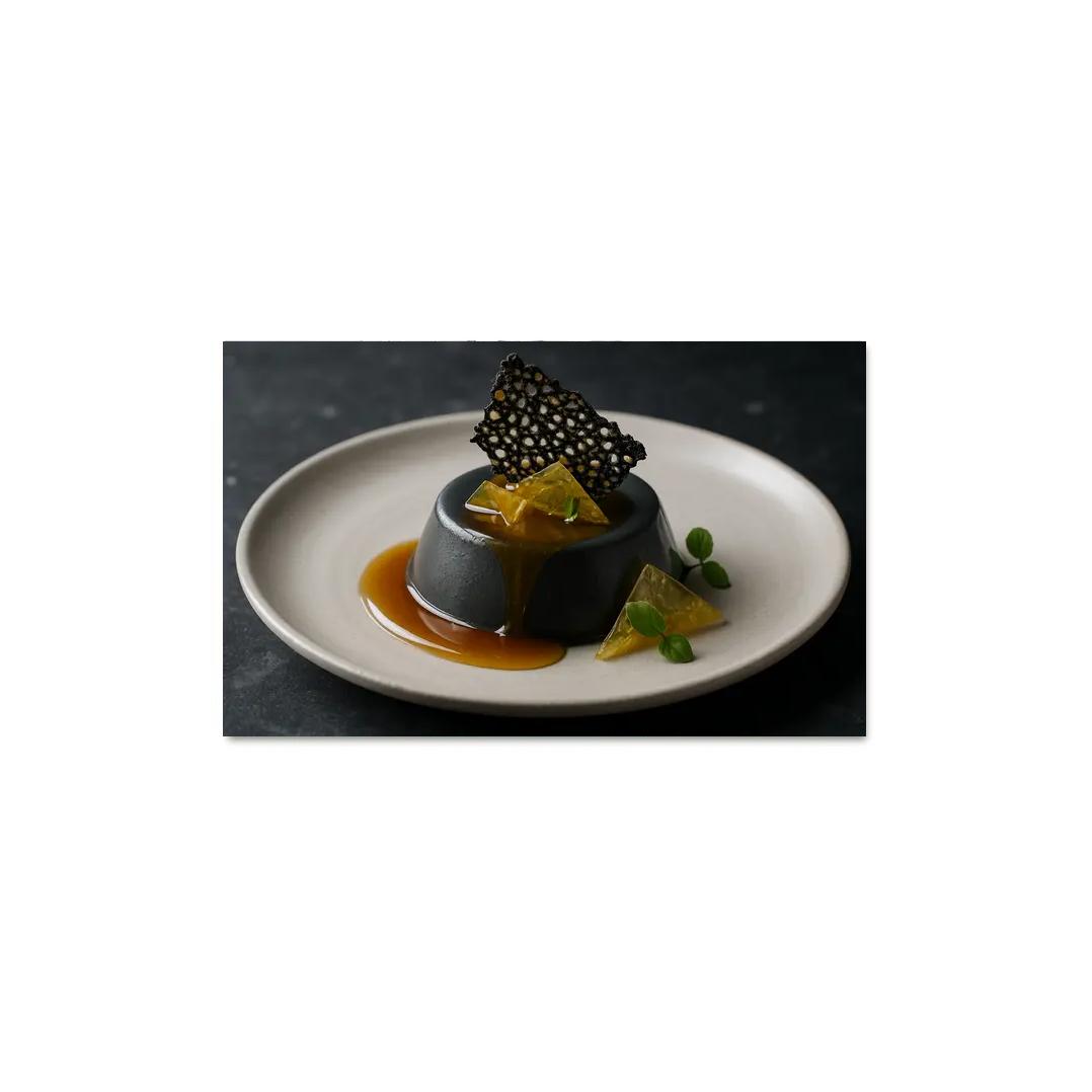 Black Sesame Honey Panna Cotta With Citrus Glass And Sesame Brittle modern paintings frame