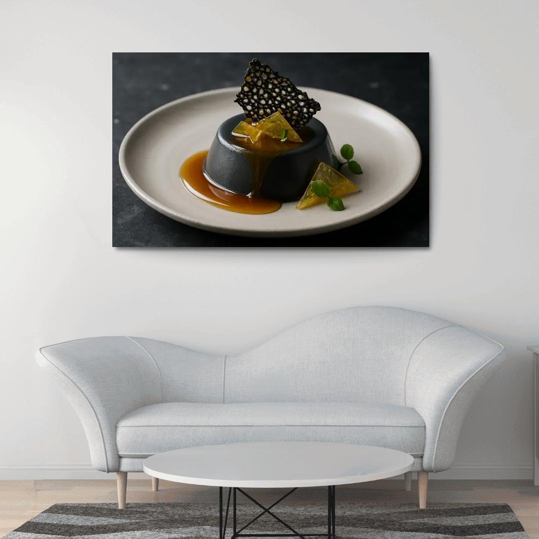 Black Sesame Honey Panna Cotta With Citrus Glass And Sesame Brittle modern paintings frame
