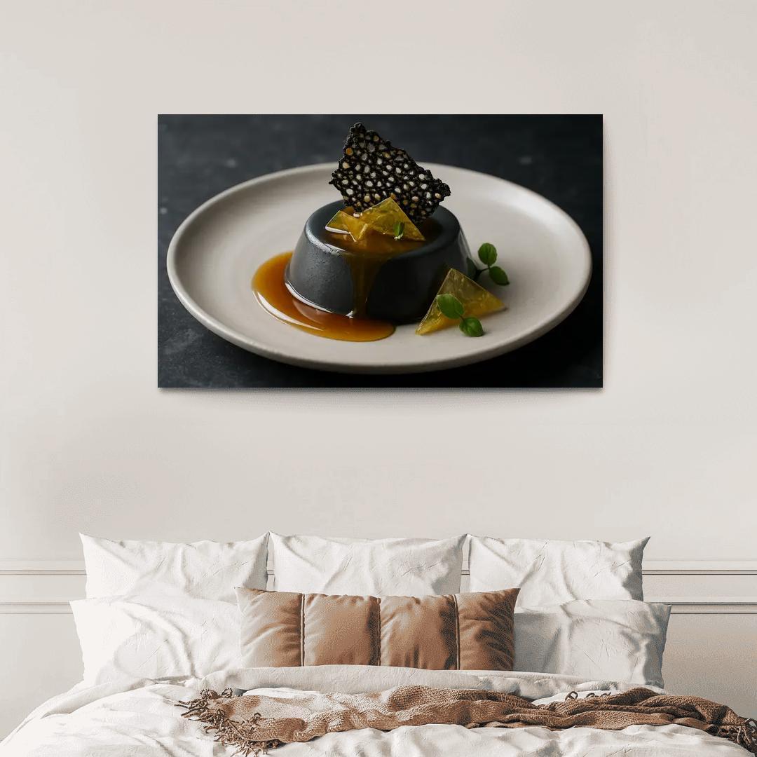 Black Sesame Honey Panna Cotta With Citrus Glass And Sesame Brittle modern paintings frame