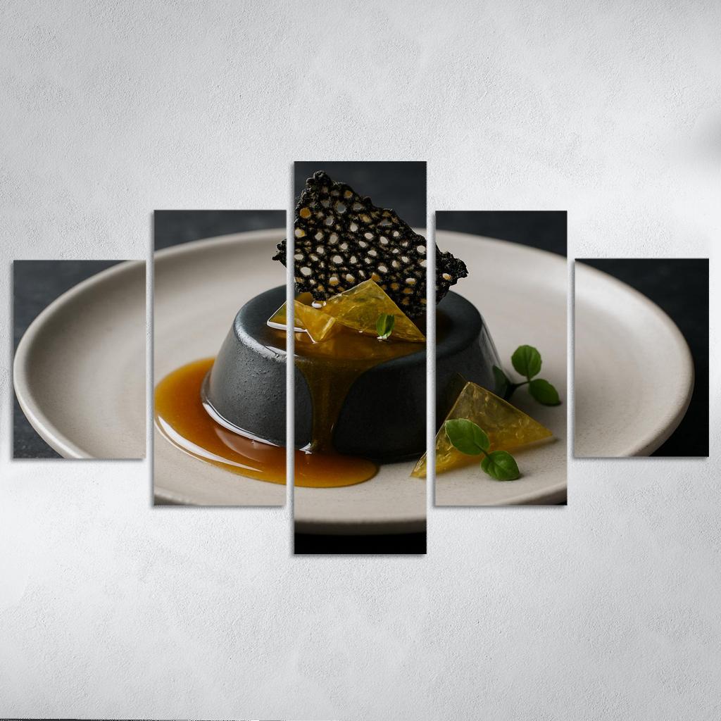 Black Sesame Honey Panna Cotta With Citrus Glass And Sesame Brittle modern paintings frame
