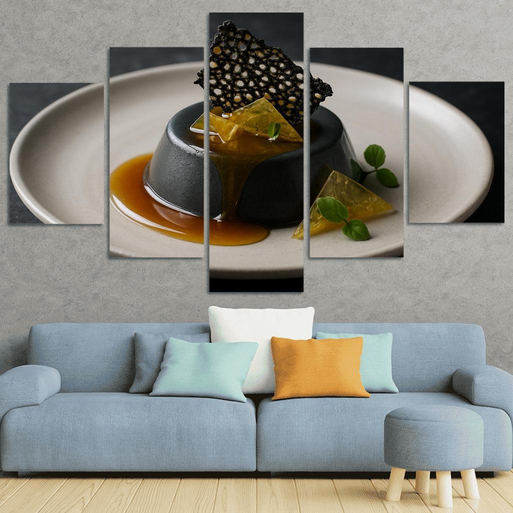Black Sesame Honey Panna Cotta With Citrus Glass And Sesame Brittle modern paintings frame