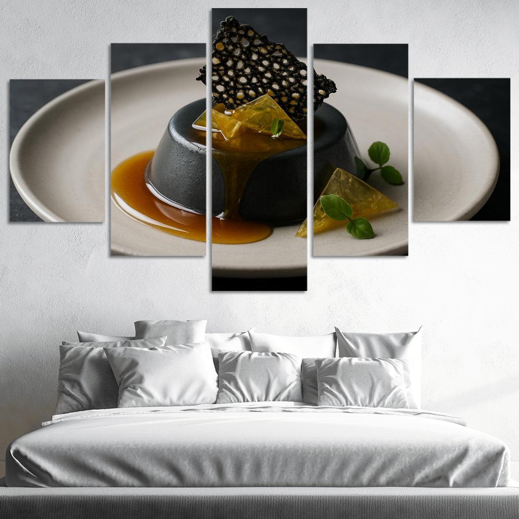 Black Sesame Honey Panna Cotta With Citrus Glass And Sesame Brittle modern paintings frame