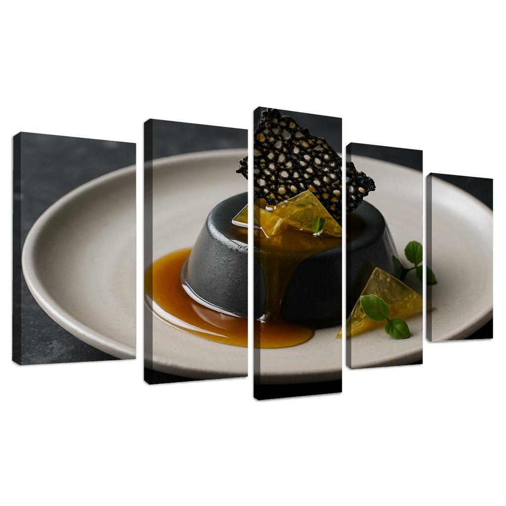 Black Sesame Honey Panna Cotta With Citrus Glass And Sesame Brittle modern paintings frame