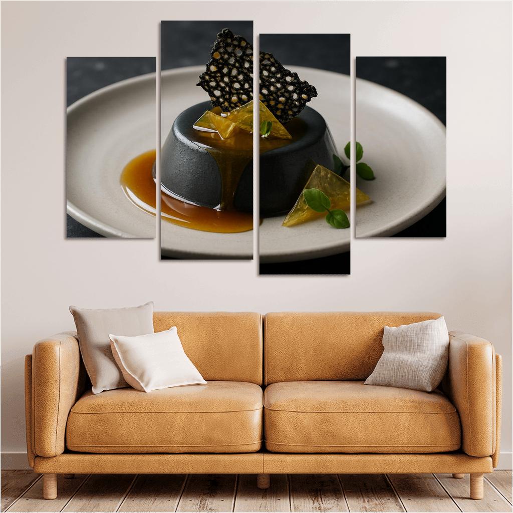 Black Sesame Honey Panna Cotta With Citrus Glass And Sesame Brittle modern paintings frame