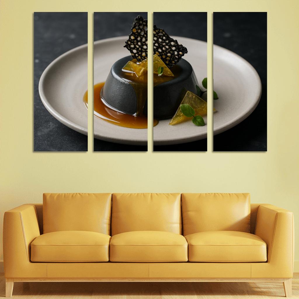 Black Sesame Honey Panna Cotta With Citrus Glass And Sesame Brittle modern paintings frame