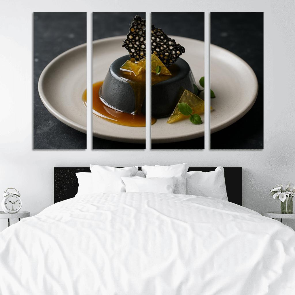 Black Sesame Honey Panna Cotta With Citrus Glass And Sesame Brittle modern paintings frame