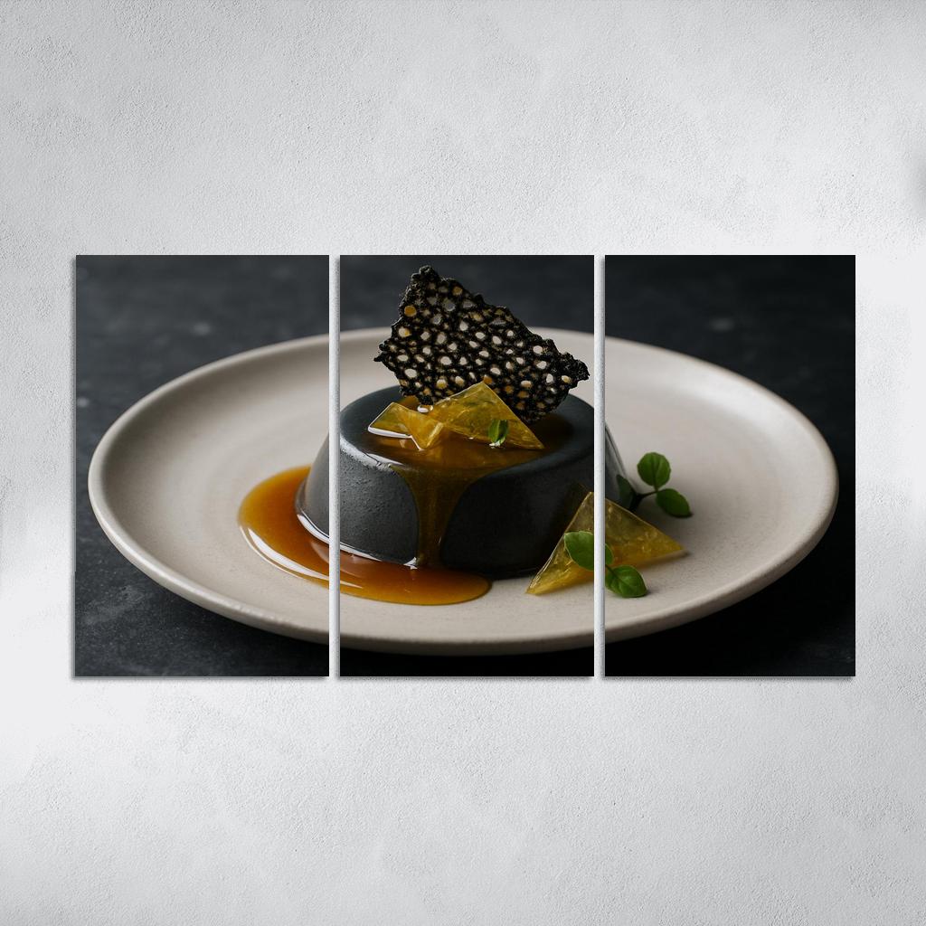 Black Sesame Honey Panna Cotta With Citrus Glass And Sesame Brittle modern paintings frame