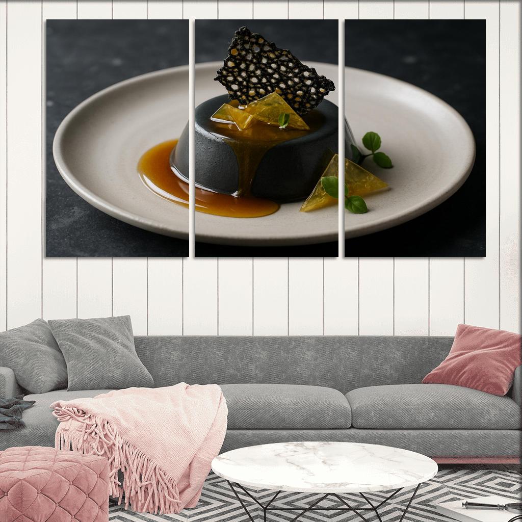 Black Sesame Honey Panna Cotta With Citrus Glass And Sesame Brittle modern paintings frame