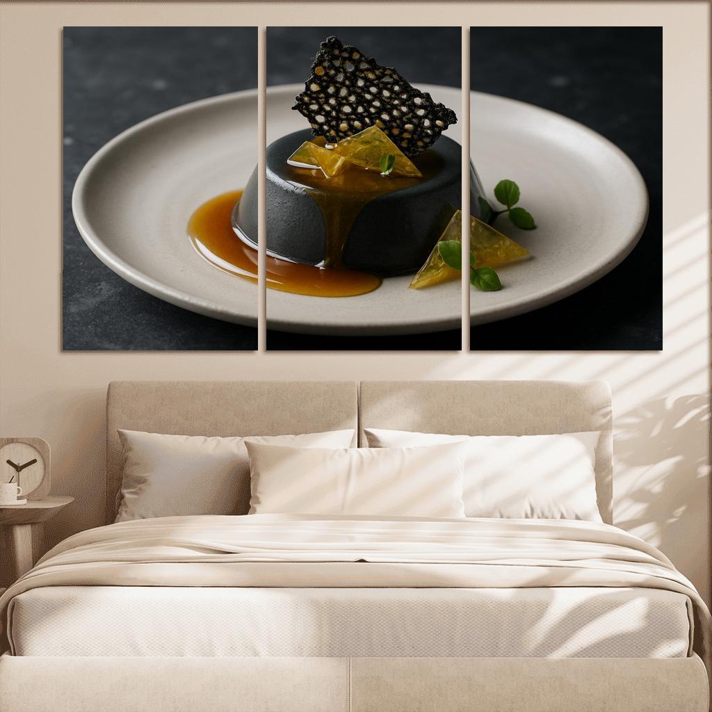 Black Sesame Honey Panna Cotta With Citrus Glass And Sesame Brittle modern paintings frame