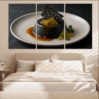 Black Sesame Honey Panna Cotta With Citrus Glass And Sesame Brittle modern paintings frame