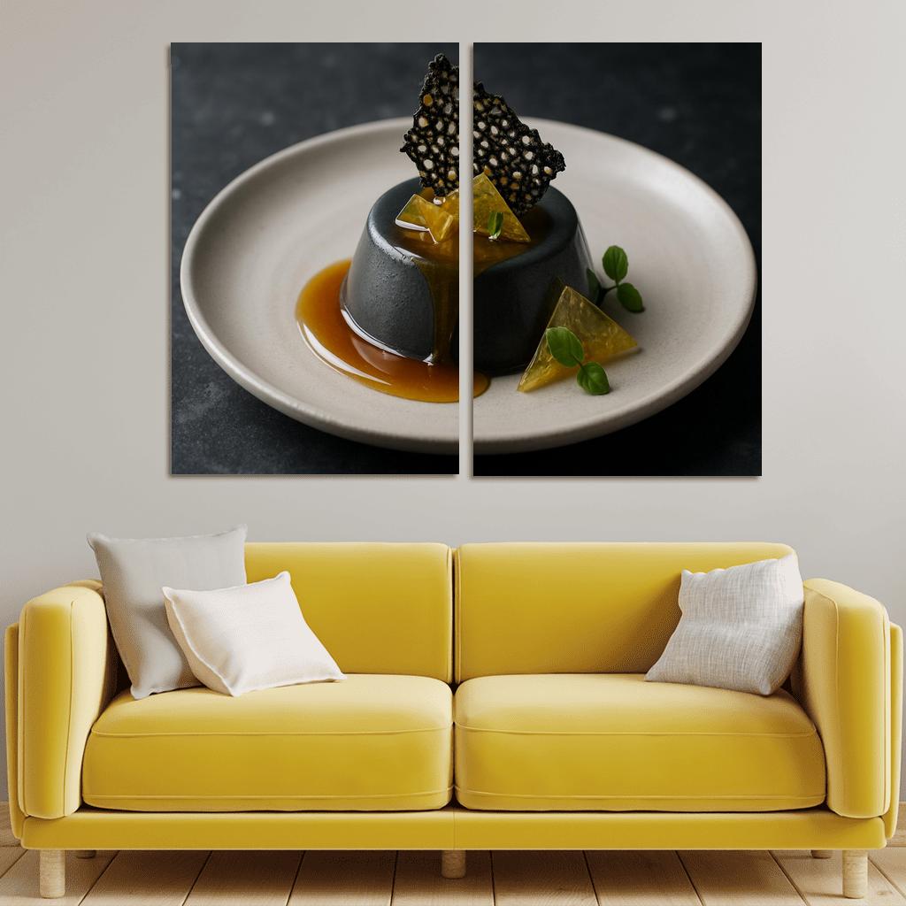 Black Sesame Honey Panna Cotta With Citrus Glass And Sesame Brittle modern paintings frame