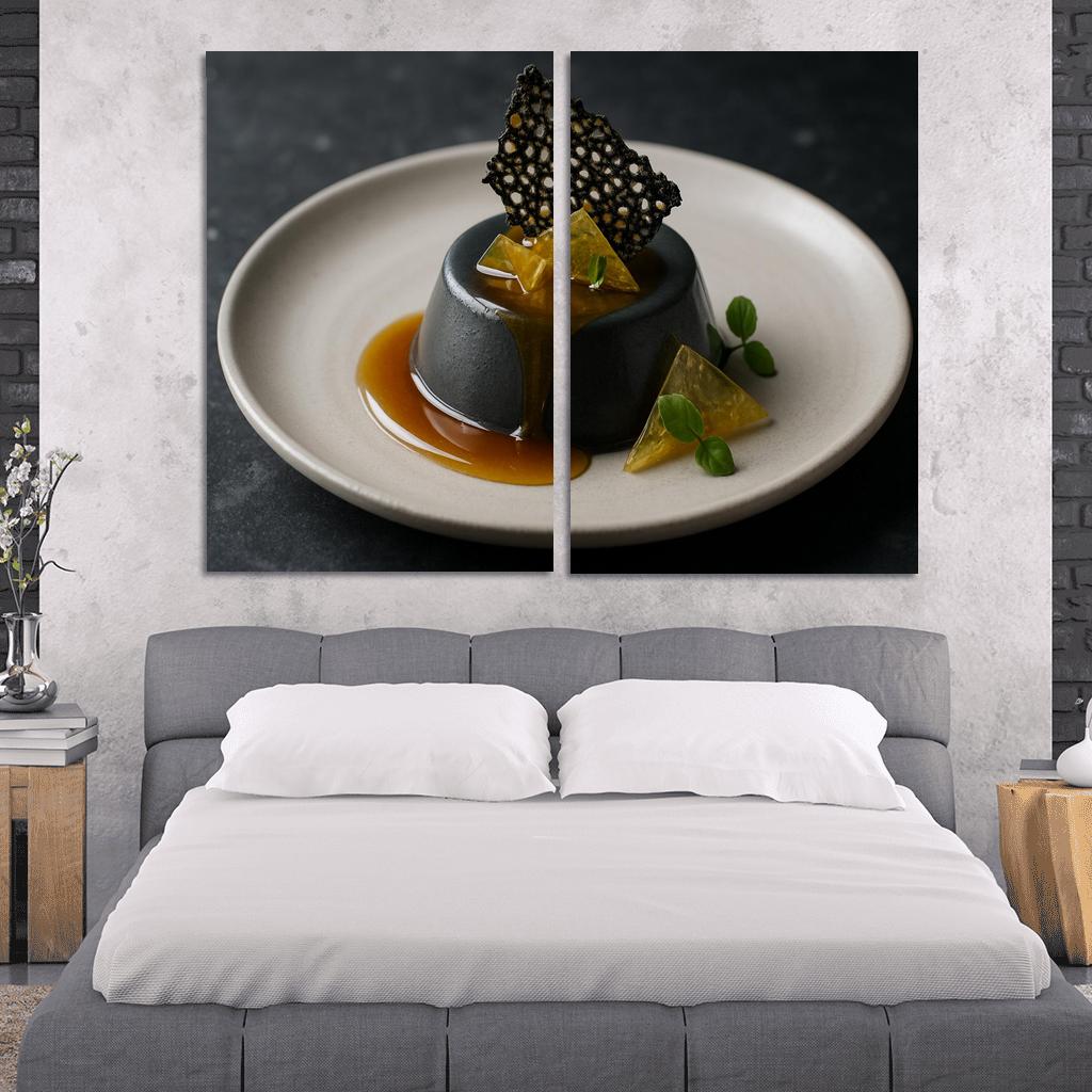 Black Sesame Honey Panna Cotta With Citrus Glass And Sesame Brittle modern paintings frame